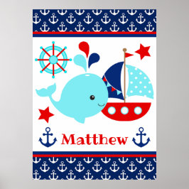 Póster Cute Patrón de ballena azul náutica y anclas