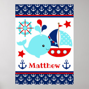 Póster Cute Patrón de ballena azul náutica y anclas