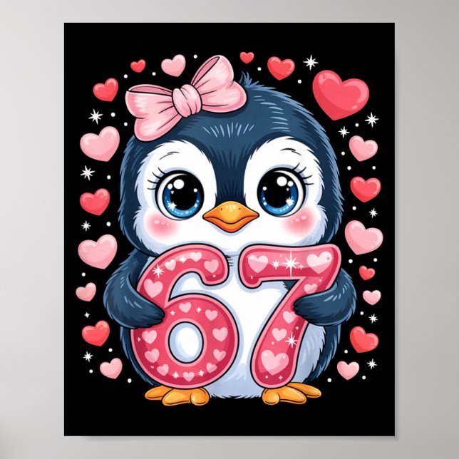 Póster Cute Penguin 67 Six Seven Valentine Hearts 6 7 Mem (Frente)