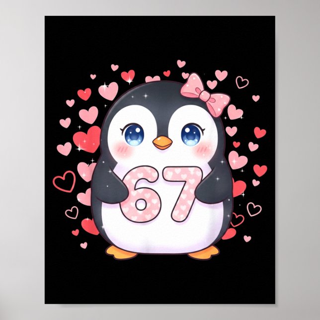 Póster Cute Penguin 67 Six Seven Valentine Hearts 6 7 Mem (Frente)