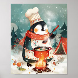 Póster Cute Penguin Cooking Watercolor Winter Nursery