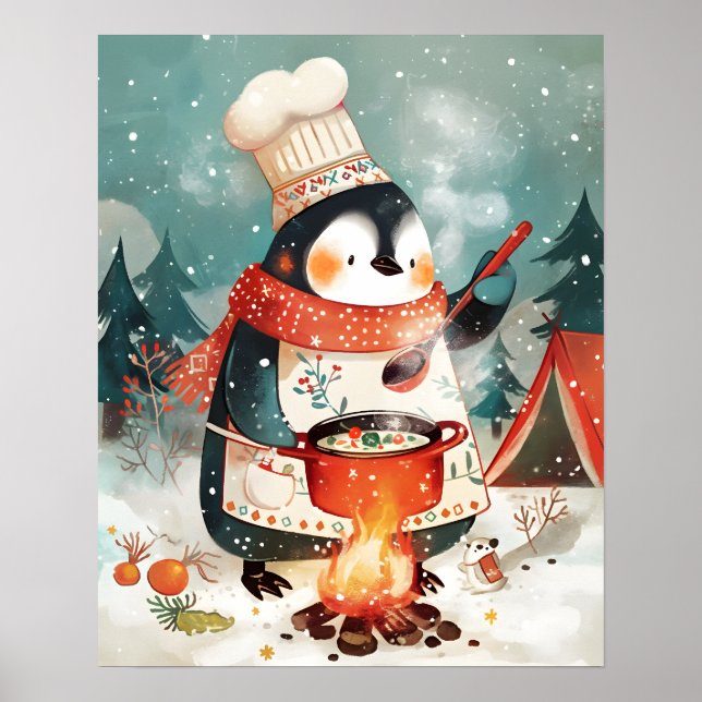 Póster Cute Penguin Cooking Watercolor Winter Nursery (Frente)