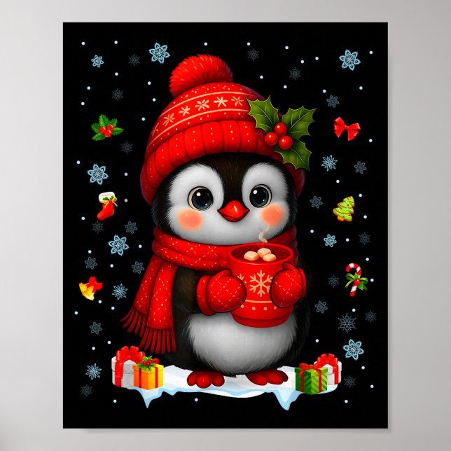 Póster Cute Penguin Drink Hot Cocoa Christmas Xmas Men Wo (Frente)