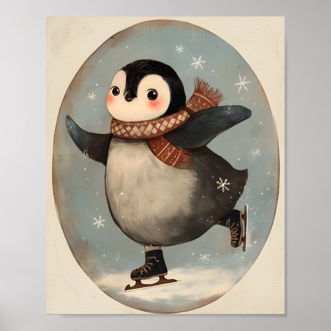 Póster Cute Penguin Ice Skating | Nursery wall Art (Frente)