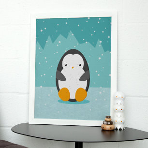 Póster Cute Penguin on ice Blue Winter Cartoon