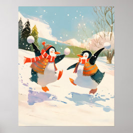 Póster Cute Penguins Playing in Snow Watercolor Nursery 