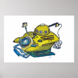 Póster Cute pequeño submarino amarillo en agua azul