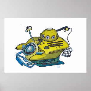 Póster Cute pequeño submarino amarillo en agua azul
