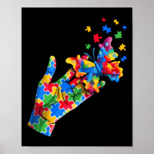 Póster Cute piezas de rompecabezas de mano y mariposa Con