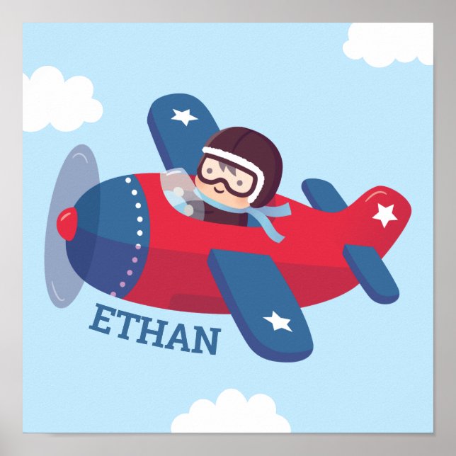 Póster Cute Pilot Propeller Airplane Boys Wall Room Decou (Frente)