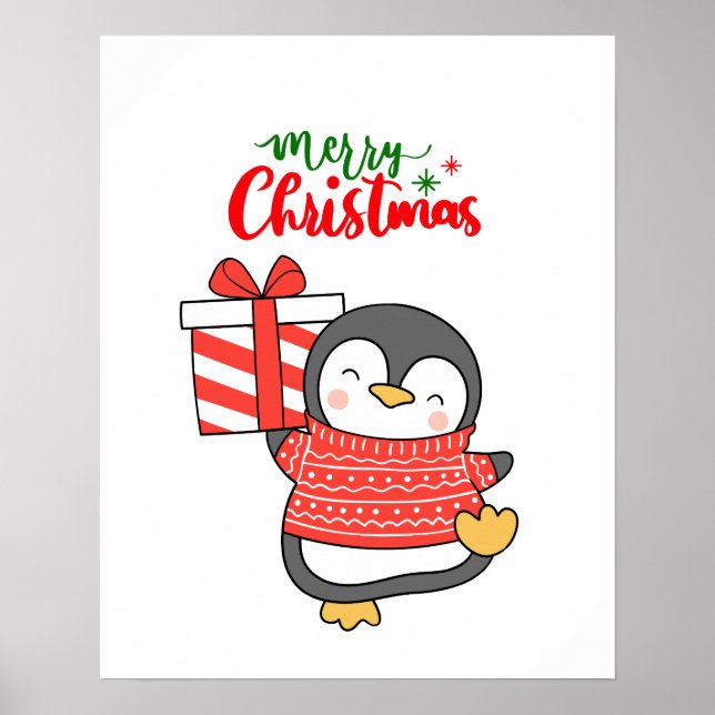 Póster Cute pingüino Feliz Navidad (Frente)