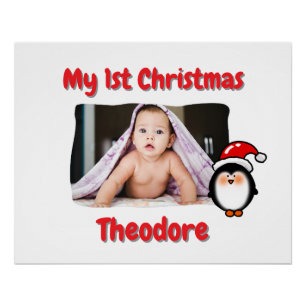 Póster Cute Pingüino Primera Navidad Personalizada para B