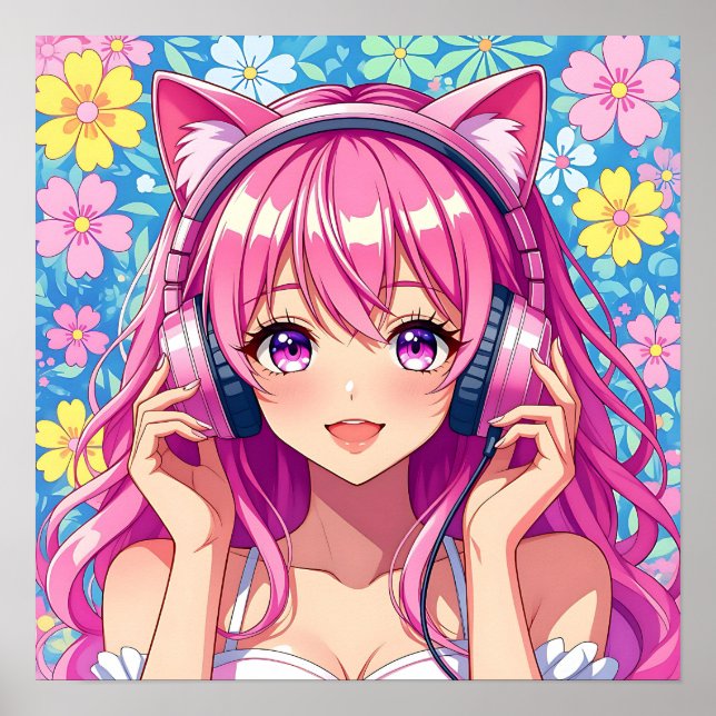 Póster Cute Pink Anime Girl with Headphones (Frente)