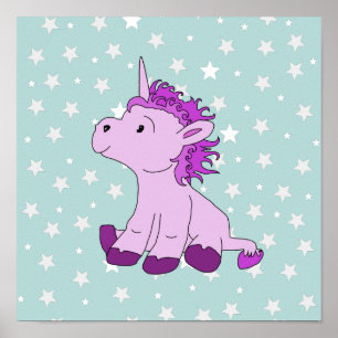 Póster Cute Pink Unicorn with Stars Girl Nursery