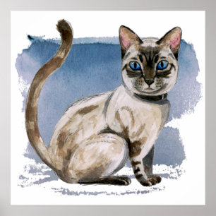 Póster Cute pintura de color de agua de gato siamés