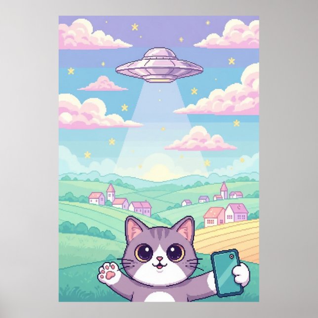 Póster Cute Pixel Art Cat with UFO in Pastel Sky Kawaii (Frente)