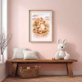 Póster Cute Playing Baby Lion Nursery Room Kids