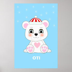 Póster Cute Polar Bear & Snowflakes on Columbia Blue