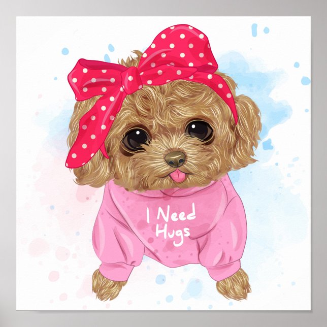 Póster Cute Poodle (A cartoon-style illustration features a cute, brown, fluffy puppy wearing a pink polka-dotted.)