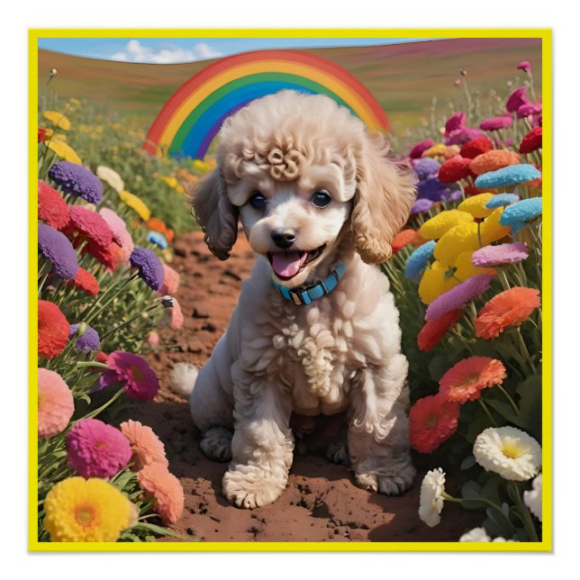 Póster Cute Poodle Flor colorida y arcoiris (Anverso)