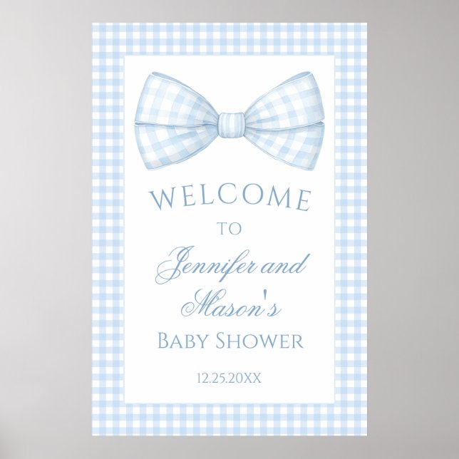 Póster Cute preppy blue gingham bow tie baby boy shower (Frente)
