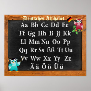 Póster Cute Professor Owl German Deutsches Alphabet