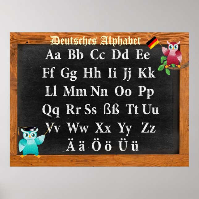 Póster Cute Professor Owl German Deutsches Alphabet (Frente)