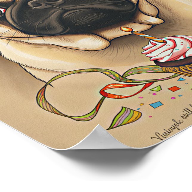 Póster Cute Pug Birthday Cupcake Art (Esquina)
