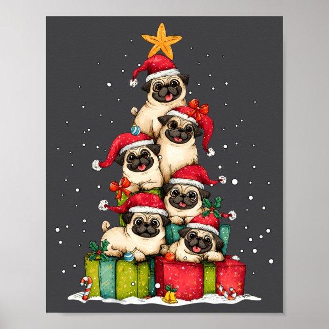 Póster Cute Pug Le Dog Christmas Tree Xmas Hat Long Sleev (Frente)