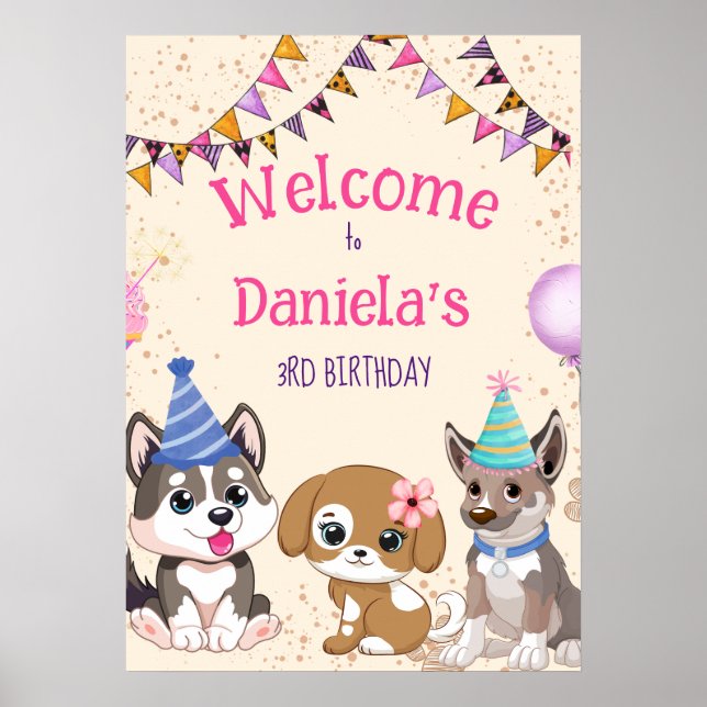 Póster Cute puppies puppy party welcome sign (Frente)