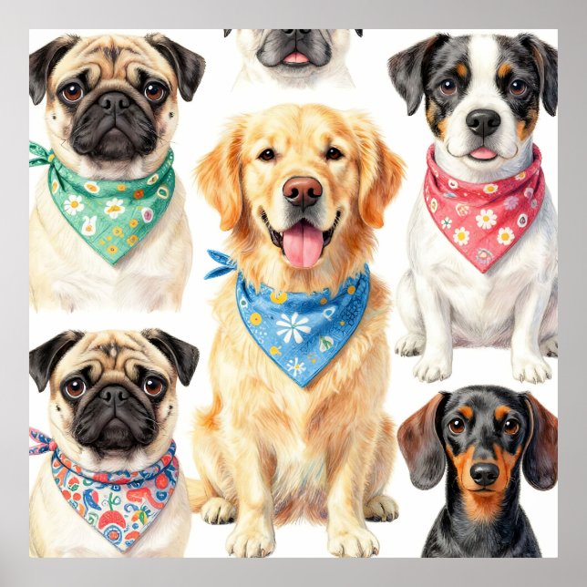 Póster Cute Puppy Portraits Bandana Collage Watercolor (Frente)
