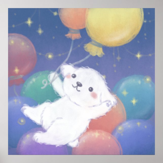 Póster Cute Puppy with Balloons & Stars (Frente)