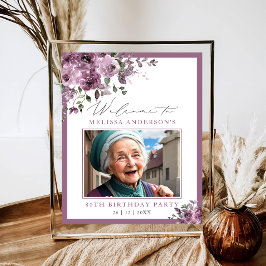 Póster Cute Purple Floral Photo Any Age Birthday Welcome