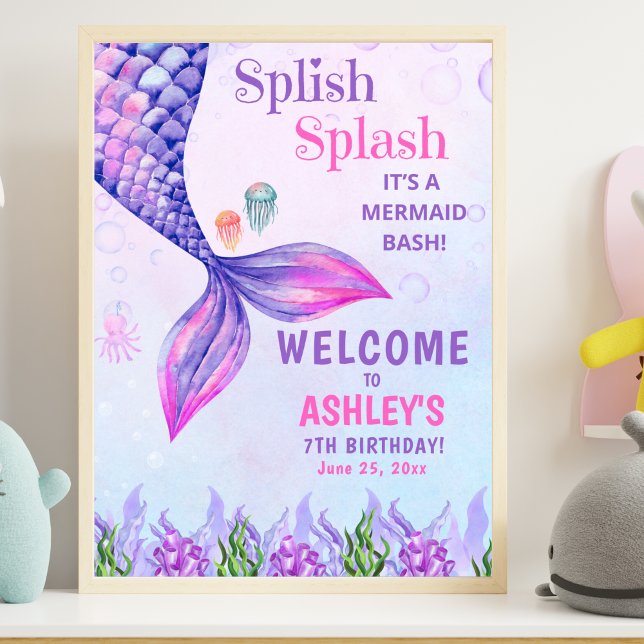 Póster Cute Purple Mermaid Tail, Girl's Birthday Party (Subido por el creador)