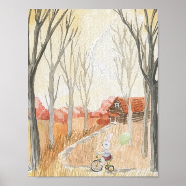 Póster Cute Rabbit on A Bike With A Balloon Nursery (Frente)