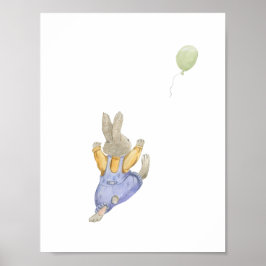 Póster Cute Rabbit With Green Balloon Nursery Poster