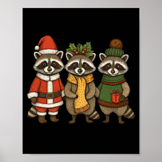 Póster Cute Raccoon Christmas Funny Holiday Santa Claus A (Frente)