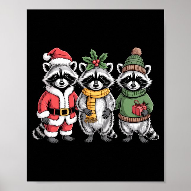 Póster Cute Raccoon Christmas Funny Holiday Santa Claus A (Frente)