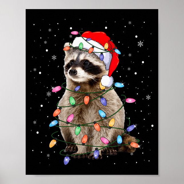 Póster Cute Raccoon Christmas Tree Lights Pajama Raccoon  (Frente)