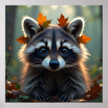 Cute Raccoon en hojas otoño