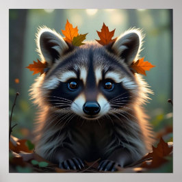 Póster Cute Raccoon en hojas otoño