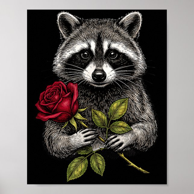 Póster Cute Raccoon Holding A Red Rose Sweet Raccoon Love (Frente)