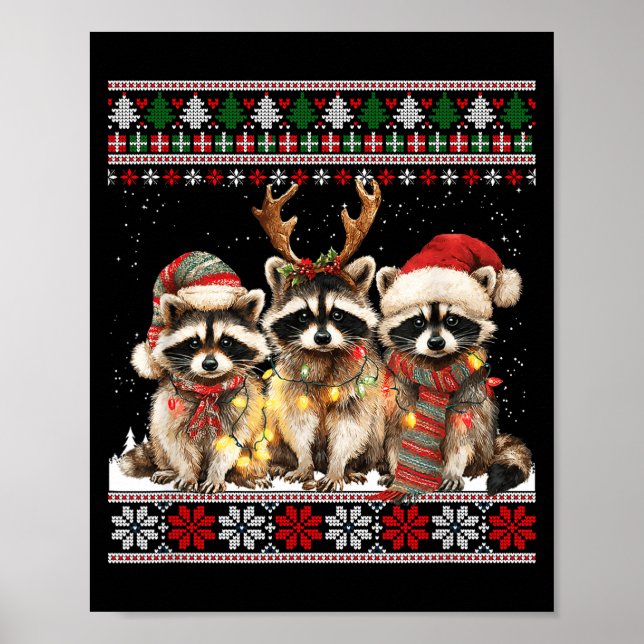 Póster Cute Raccoon Santa Christmas Lights Ugly Xmas Swea (Frente)