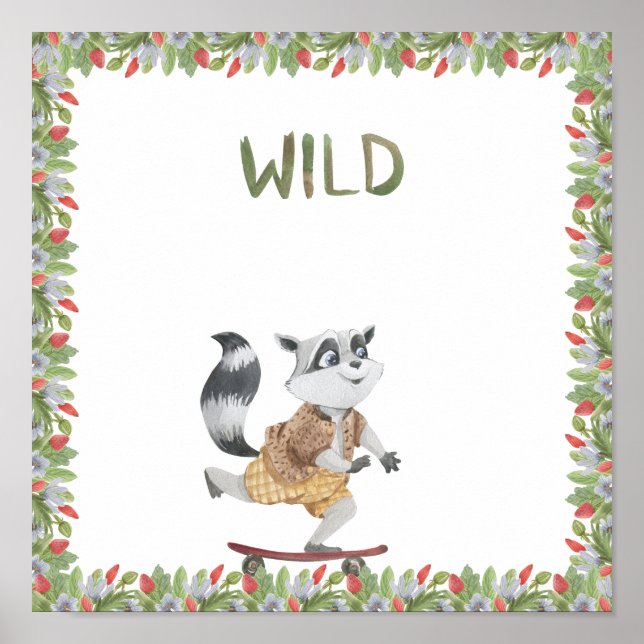 Póster Cute Racoon On A Skateboard Wild Text Poster (Frente)