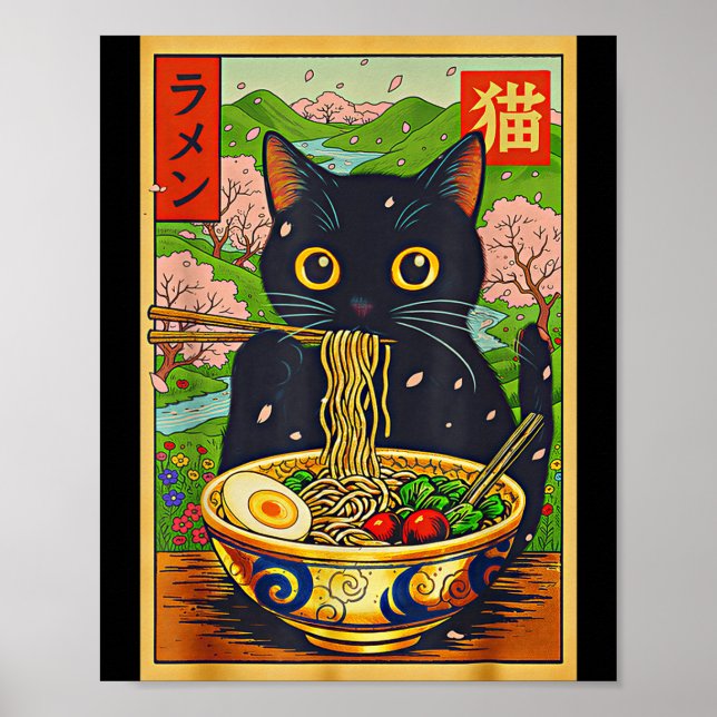 Póster Cute Ramen Cat Nature Flowers Noodle Anime  (Frente)