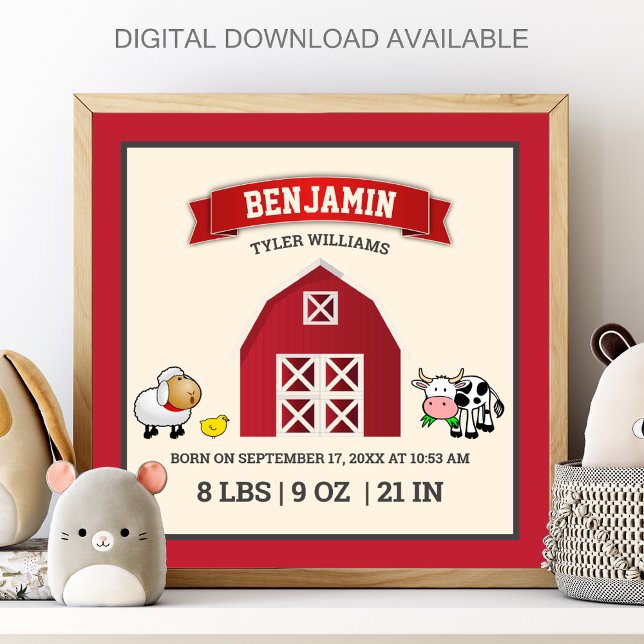 Póster Cute Red Barn Farm Animals Baby Birth Stats (Subido por el creador)