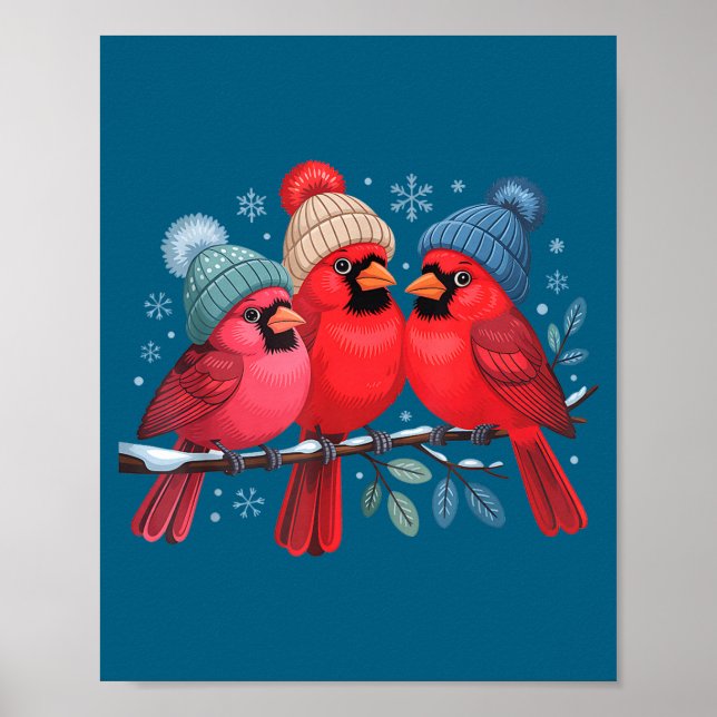 Póster Cute Red Cardinals With Knitted Hats Winter Bird A (Frente)