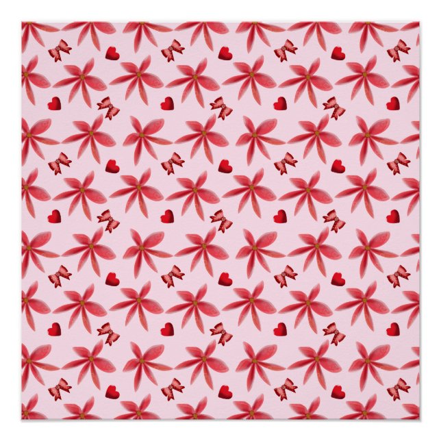 Póster Cute Red Floral Heart Pattern Seamless Girly  (Anverso)