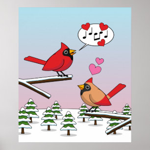Póster Cute Red Northern Cardinals aman el paisaje invern