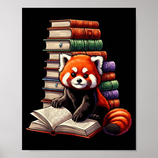 Póster Cute Red Panda Reading Book Animal Bookworm  (Frente)